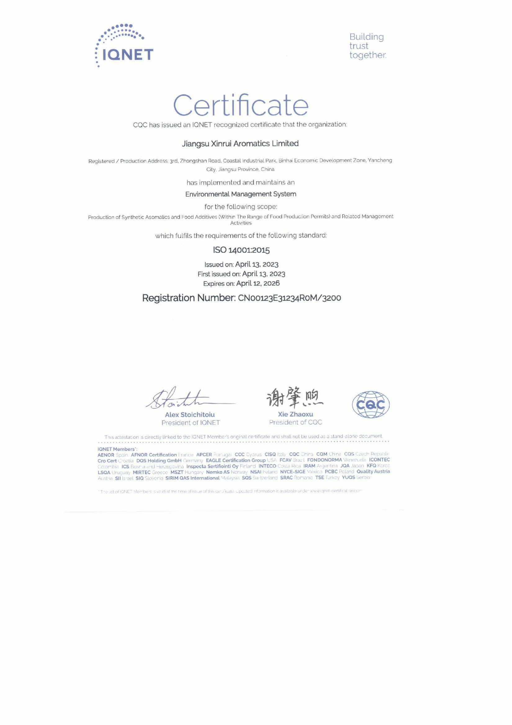 Environmental certificate